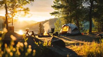 ai genererad camping i de skog på solnedgång. skön sommar landskap med bål och tält. foto