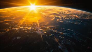 ai genererad se av de planet jord från Plats under en soluppgång foto