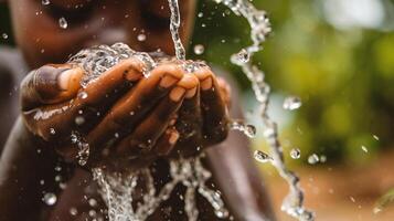 ai genererad stänga upp av barnets händer tvättning deras händer under en ström av vatten. foto