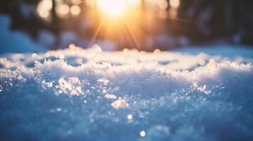 ai genererad vinter- bakgrund med snöflingor och Sol strålar. närbild. foto