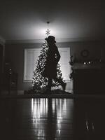 ai genererad silhuett av en kvinna stående i främre av en jul träd foto