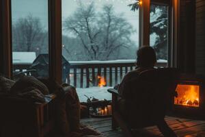 ai genererad kvinna Sammanträde på de veranda av en Land hus förbi de öppen spis i vinter. foto