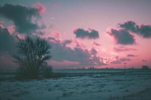 ai genererad skön vinter- landskap med träd i de snö och rosa himmel. foto