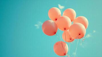 ai genererad rosa ballonger på blå himmel bakgrund. årgång stil tonad bild. foto