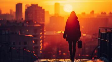 ai genererad silhuett av en kvinna gående i de stad på solnedgång. foto
