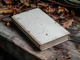 ai genererad gammal bok på en trä- bakgrund. årgång bok på en trä- bakgrund. foto