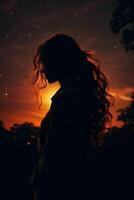 ai genererad silhuett av en skön ung kvinna på de bakgrund av de starry himmel foto