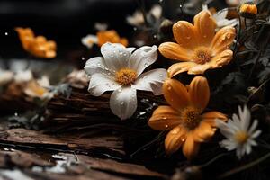 ai genererad skön vit blommor i de trädgård på solnedgång. natur bakgrund. foto