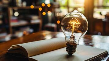 ai genererad ljus Glödlampa och anteckningsbok på trä- bord, idé och företag begrepp foto