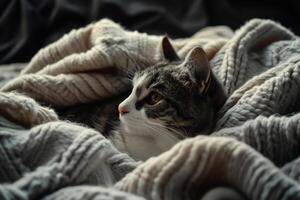 ai genererad söt tabby katt under mjuk pläd på säng, närbild foto