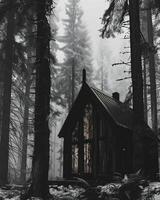 ai genererad trä- hus i de vinter- skog. svart och vit bild. foto