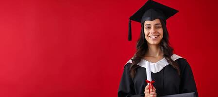ai genererad glad kvinna examen med diplom på röd studio bakgrund idealisk för reklam med kopia Plats foto