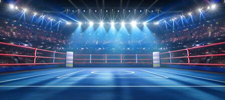 ai genererad spektakulär se av ett tömma professionell boxning ringa i en stor arena med tömma säten foto
