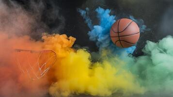 ai genererad vibrerande färgrik rök omgivande basketboll boll på svart bakgrund med kopia Plats för text foto