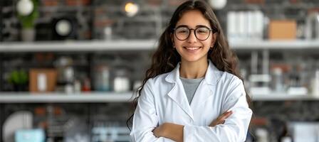 ai genererad ung kvinna forskare i modern medicinsk laboratorium med specialister på suddig bakgrund foto