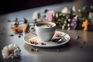 ai genererad kopp av kaffe och blommor på de tabell, neuralt nätverk genererad fotorealistisk bild foto