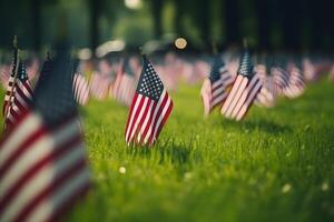 ai genererad minnesmärke dag hyllning. många små amerikan flaggor på en grön gräsmatta, neuralt nätverk genererad fotorealistisk bild foto