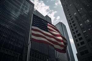 ai genererad de flagga av de förenad stater i främre av de skyskrapor i generisk oss stadens centrum distrikt på dagtid, neuralt nätverk genererad bild foto