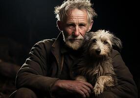 ai genererad porträtt av en ögonblick av tillgivenhet mellan ett äldre jordbrukare man och hans hund. vård och uppmärksamhet. inhemsk och bruka djur. foto