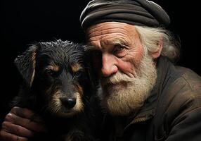 ai genererad porträtt av en ögonblick av tillgivenhet mellan ett äldre jordbrukare man och hans hund. vård och uppmärksamhet. inhemsk och bruka djur. foto