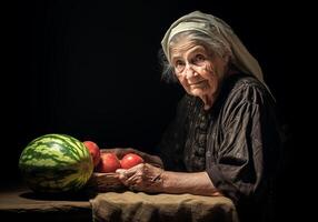 ai genererad porträtt av ett äldre jordbrukare kvinna i henne rustik kök framställning vattenmelon till äta. mat och friska levande. foto
