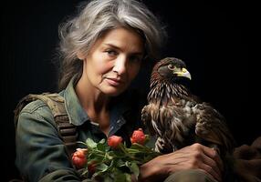 ai genererad porträtt av en ögonblick av tillgivenhet mellan ett äldre kvinna och ett Örn. vård och uppmärksamhet. vilda djur och växter djur. foto