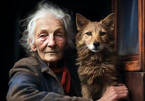 ai genererad porträtt av en ögonblick av tillgivenhet mellan ett äldre kvinna och henne hund. vård och uppmärksamhet. inhemsk och bruka djur. foto