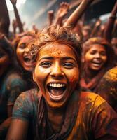 ai genererad Lycklig människor på de holi festival i Indien. traditioner och kultur. foto