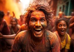 ai genererad Lycklig människor på de holi festival i Indien. traditioner och kultur. foto