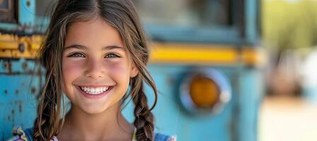 ai genererad glad ung flicka med en stor leende, redo till styrelse de skola buss, med Plats för text placering foto