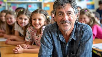 ai genererad leende manlig lärare i elementärt skola klassrum med studenter inlärning i de bakgrund foto