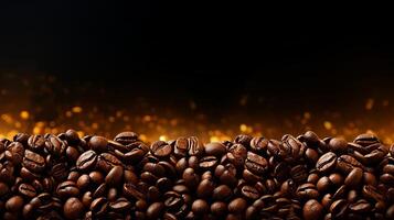 ai genererad premie rostad kaffe bönor på elegant svart bakgrund baner för kaffe älskande och kaféer foto