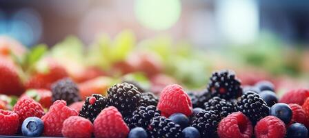 vibrerande jordbrukare marknadsföra med färsk frukt och färgrik drycker i mjukt suddig bokeh bakgrund foto