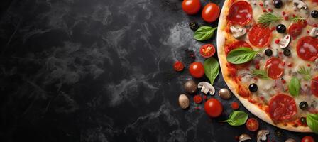 ai genererad utsökt pizza på svart sten, topp se med färsk Ingredienser, text Plats på vänster sida. foto