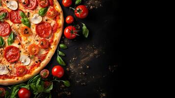 ai genererad utsökt pizza med färsk Ingredienser på svart sten, topp se, tömma Plats för text på vänster sida foto
