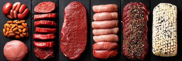 ai genererad blandad rå kött Produkter collage med vit skilje rader, ljus vit bakgrund foto