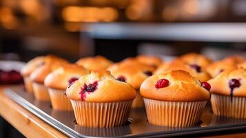 ai genererad utsökt hemlagad tranbär orange muffins på suddig kök bakgrund med kopia Plats foto