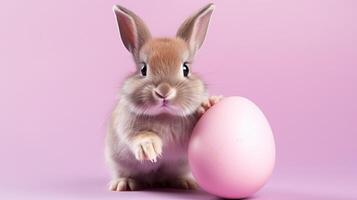 ai genererad påsk kanin kanin med färgrik ägg på pastell vår bakgrund, perfekt för text placering foto