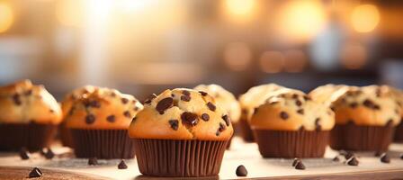 ai genererad utsökt hemlagad choklad chip muffins på suddig bakgrund med kopia Plats för text placering foto