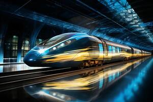 ai genererad elegant och modern hög hastighet tåg rusa längs de spår med otrolig hastighet och precision foto