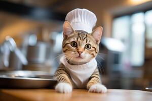 ai genererad lekfull och förtjusande katt klädd som en kock, framställning näringsrik måltider i de kök för djur foto