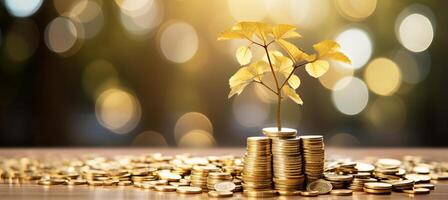 ai genererad gyllene träd av finansiell tillväxt suddig bokeh stadsbild bakgrund med mynt och sedlar foto