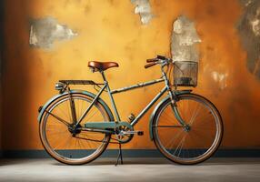 ai genererad årgång cykel på ett gammal vägg foto