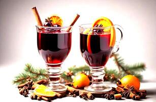 ai genererad funderade vin med jul dryck och mat på vit bakgrund foto