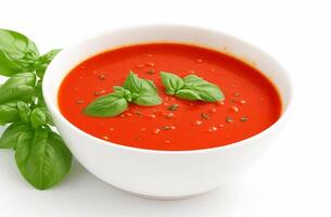 ai genererad tomat soppa med basilika på en skål isolerat på vit bakgrund foto