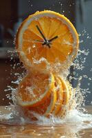 ai genererad en mock-up av ett larm klocka tillverkad av färsk orange på en suddig bakgrund. kreativ frukt aning foto