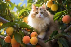 ai genererad söt fluffig katt på en träd med gul persikor foto