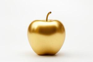 ai genererad metallisk gyllene äpple tillverkad av guld isolerat på en vit bakgrund, representerar rikedom och välstånd, perfekt för premie foto
