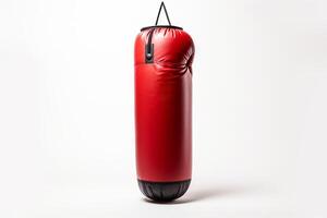 ai genererad röd stansning väska hängande isolerat på vit bakgrund. begrepp av kondition Utrustning, boxning träna Tillbehör, sporter redskap, Gym Utrustning. foto