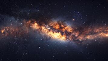 ai genererad mjölkig sätt galax som sett från jorden. tät kluster av stjärnor och himmelsk damm skapande en lysande, invecklad mönster mot de mörk himmel. begrepp av astronomi, Plats, galax foto